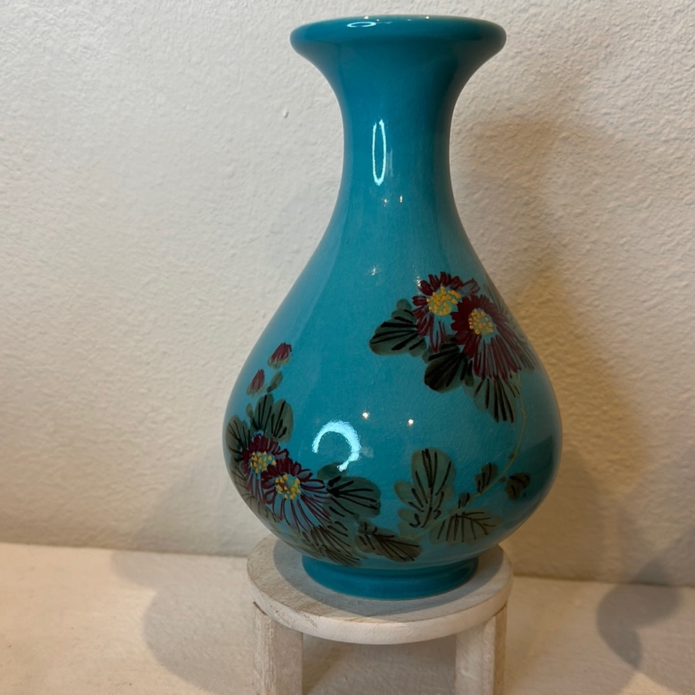 Floral Asian Hand painted Turquoise Vase